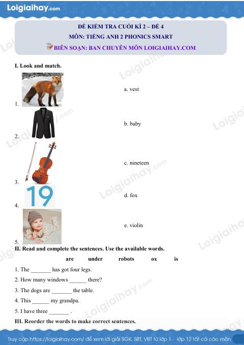 Đề thi học kì 2 Tiếng Anh 2 Phonics Smart - Đề số 4